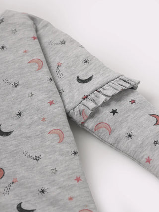 Full sleeve moon & star pattern in grey frill set for baby girl - Kidulan