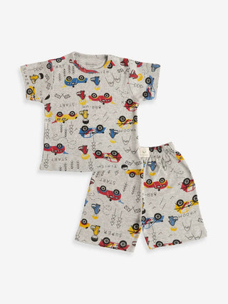 Half sleeve toy car graphic pattern in white t-shirt & shorts for baby - Kidulan