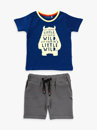 Half sleeve white graphic pattern in blue & grey denim shorts & t-shirt set for baby - Kidulan