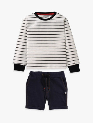 Full sleeve black pattern in white & navy blue denim shorts & cuff t-shirt set for baby - Kidulan