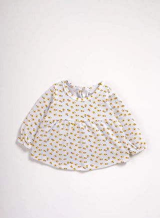 Full sleeve yellow flower pattern in white frock for baby girls - Kidulan