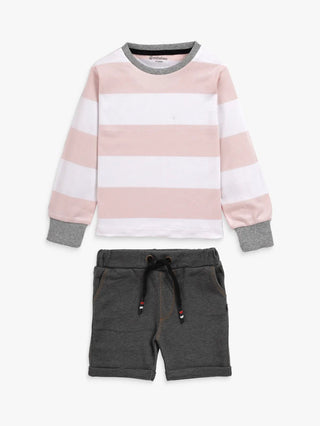 Full sleeve soft pink in white & grey denim shorts & cuff t-shirt set for baby - Kidulan