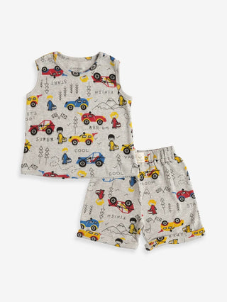 Sleeveless grey & graphic pattern t-shirt & shorts set for baby - Kidulan