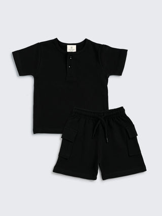 Unisex 2 - Set Summer Combo – Black Solid & Striped Shorts Set - Kidulan