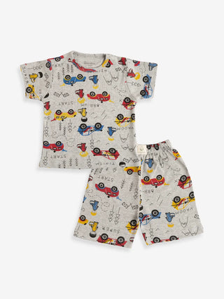 Half sleeve toy graphic in grey t-shirt & shorts combo for baby