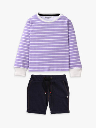 Full sleeve violet & navy blue denim shorts & cuff t-shirt set for baby - Kidulan