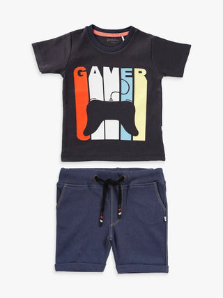 Half sleeve Black & Blue denim shorts & t-shirt set for baby - Kidulan