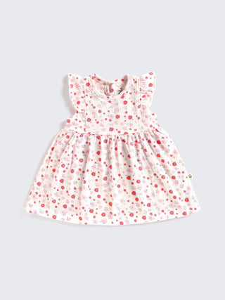 White with Pink & Red Floral Print Flutter Sleeve Frock - Kidulan
