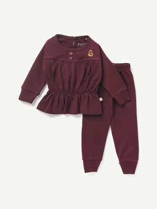 BABY GIRL SOLID FROCK CO-ORD SET - SUPER MAROON - Kidulan