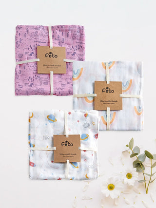 FETO COTTON MUSLIN SWADLE WRAP 3PCS - Kidulan