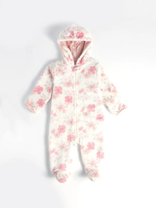 Full sleeve pink flower pattern in white winter wear sleepsuit for baby boys & girls - Kidulan