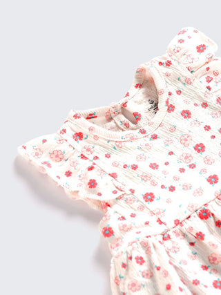 White with Pink & Red Floral Print Flutter Sleeve Frock - Kidulan