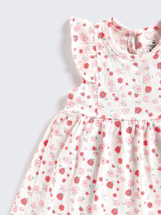 White with Pink & Red Floral Print Flutter Sleeve Frock - Kidulan