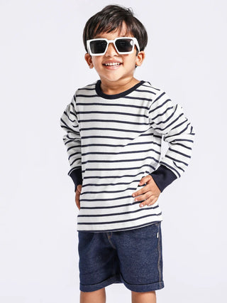 Full sleeve black stripe pattern in white & blue denim shorts & cuff t-shirt set for baby - Kidulan