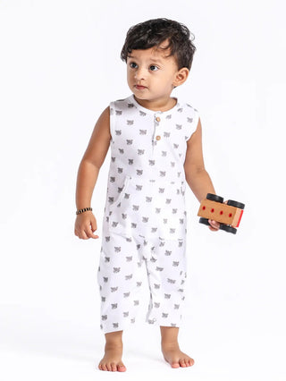 Sleeveless grey teddy pattern in white dungaree for baby - Kidulan