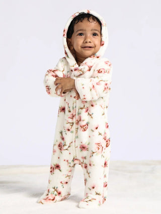 Full sleeve white & pink winter wear sleepsuit for baby boys & girls - Kidulan