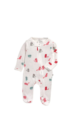 Full sleeve cat patterns in white zipper sleepsuit with cap for baby - Kidulan