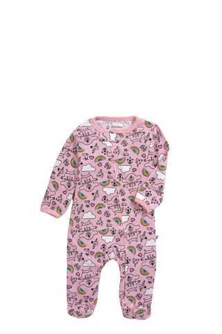 Full sleeve rainbow pattern in pink zipper sleepsuit with cap  for baby