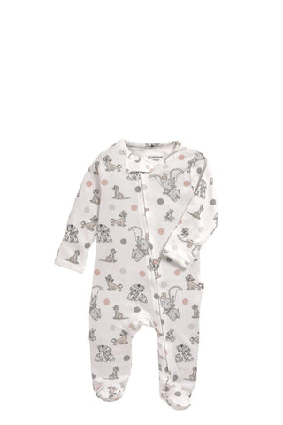 Full sleeve dotted & elephant pattern in cream zipper sleepsuit with cap for baby - Kidulan