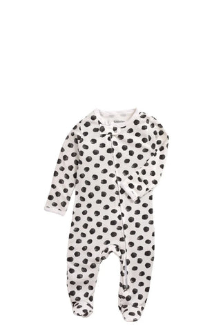 Full sleeve black round pattern in white zipper sleepsuit with cap for baby - Kidulan