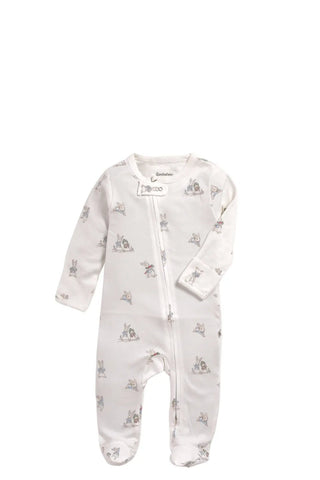 Full sleeve cute rabbit pattern in cream zipper sleepsuit with cap for baby - Kidulan