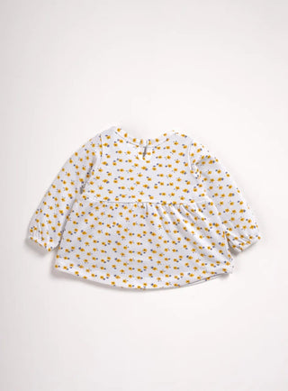 Full sleeve yellow flower pattern in white frock for baby girls - Kidulan