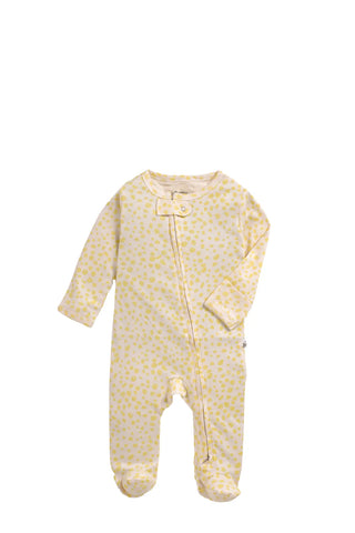 Full sleeve yellow patterns in white zipper sleepsuit with cap for baby