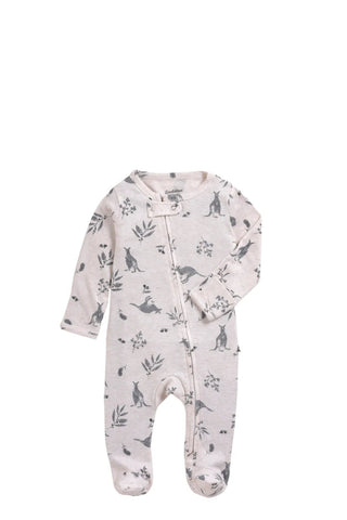 Full sleeve grey leaf pattern in cream zipper sleepsuit with cap for baby - Kidulan