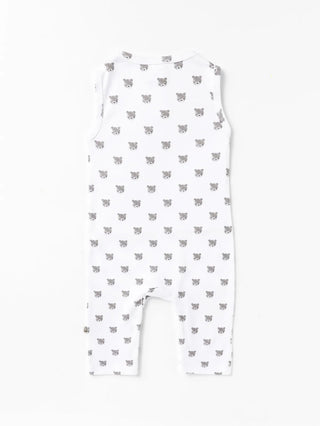 Sleeveless grey teddy pattern in white dungaree for baby - Kidulan