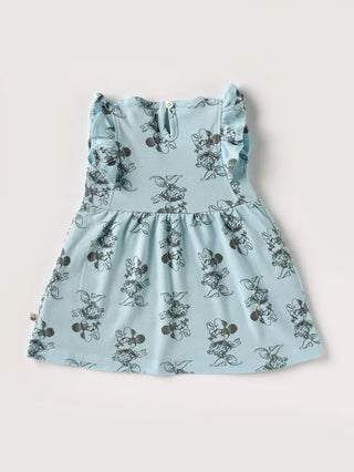 Sleeveless Minnie Mouse pattern in Blue & Flower pattern in White Frock for Baby Girl