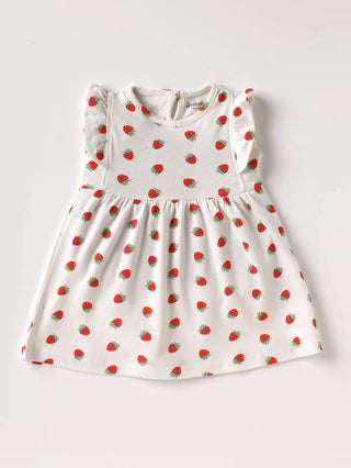 Sleeveless red pattern in white & blue frock for baby girl