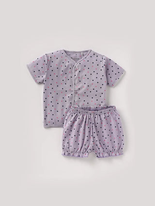 Half sleeve black & pink dot pattern in lavender shade aop woven set for baby girls - Kidulan