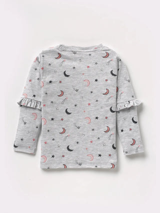 Full sleeve moon & star pattern in grey frill set for baby girl - Kidulan