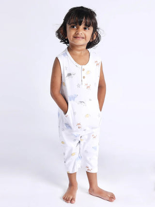 Sleeveless white & graphic pattern dungaree for baby girls - Kidulan