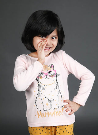 Full sleeve cute cat pattern in pink t-shirt for baby girls - Kidulan