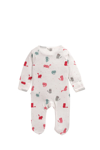 Full sleeve cat patterns in white zipper sleepsuit with cap for baby