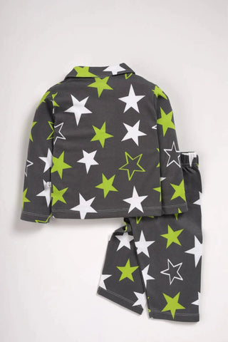 Full sleeve green & white star pattern in grey pajama set for baby - Kidulan