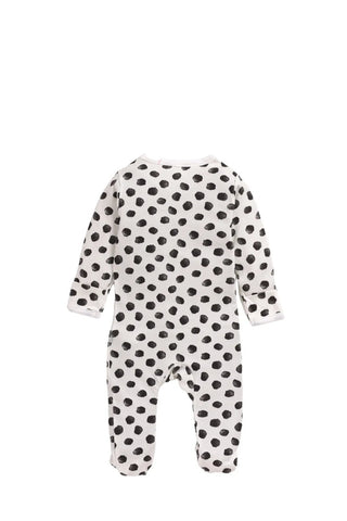 Full sleeve black round pattern in white zipper sleepsuit with cap for baby - Kidulan