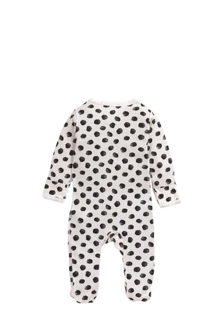 Full sleeve black round pattern in white zipper sleepsuit with cap  for baby
