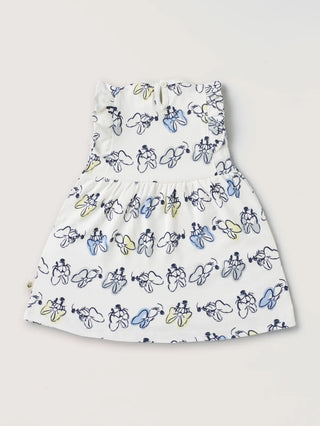 Sleeveless blue minnie mouse pattern in white frock for baby girls