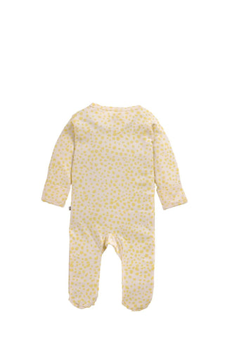 Full sleeve yellow patterns in white zipper sleepsuit with cap for baby - Kidulan