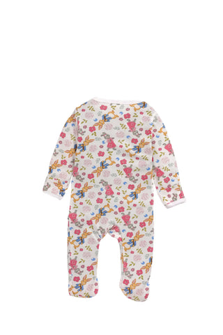 Full sleeve orange and grey rabbit pattern in white zipper sleepsuit with cap  for baby