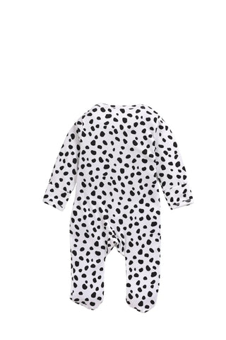 Full sleeve pure white & black dot pattern zipper sleepsuit with cap  for baby