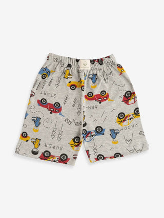 Half sleeve toy car graphic pattern in white t-shirt & shorts for baby - Kidulan