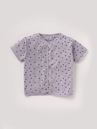 Half sleeve black & pink dot pattern in lavender shade aop woven set for baby girls - Kidulan