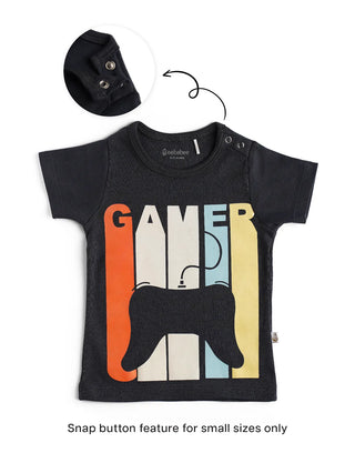 Half sleeve black & orange graphic t-shirt for baby