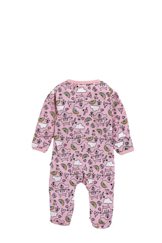 Full sleeve rainbow pattern in pink zipper sleepsuit with cap  for baby