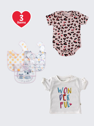 Eebabee & Feto 3 - Piece Gift Pack for Baby Girl – Bodysuit, T-Shirt & Printed Bib - Kidulan