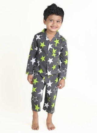 Full sleeve green & white star pattern in grey pajama set for baby - Kidulan