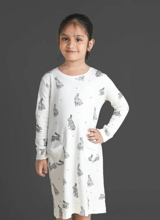 Full sleeve rabbit pattern in white gown for baby girls - Kidulan